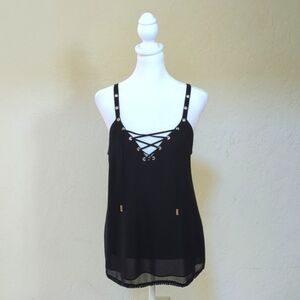 Guess Black Grommet Lace Detail Camisole Top Size Small